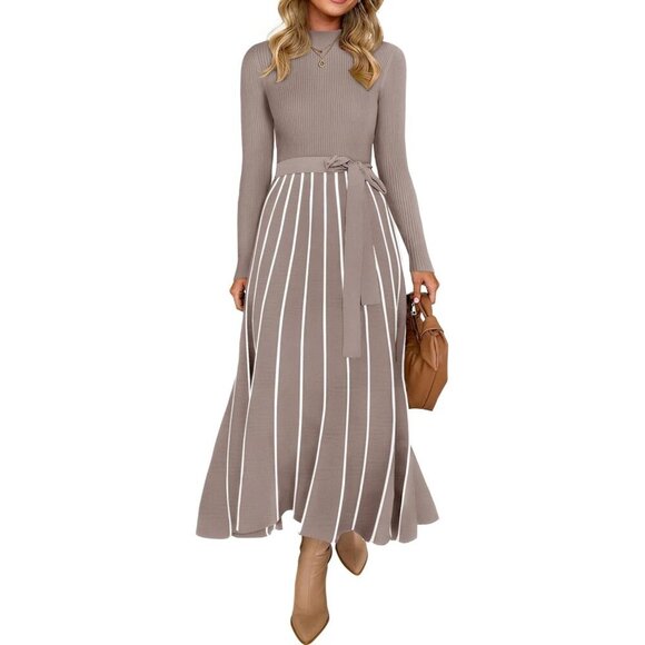Chic Women's Turtleneck Sweater Dress with Tie Waist - Fall Midi Delight